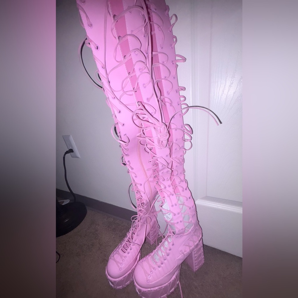 Dolls Kill Pink Lace-Up Platform Boots - Picture 2 of 3